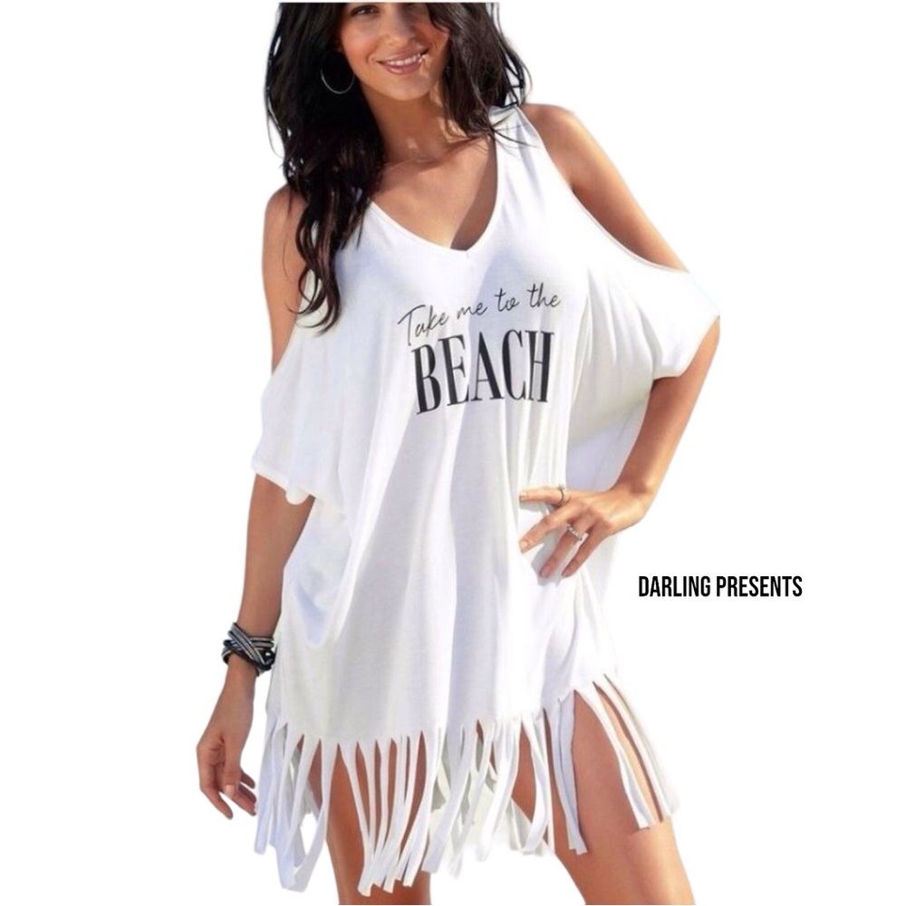 ‘Take Me To The Beach Fringe Coverup Women Color White Size OS